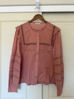Reformation Rosey Blouse Praline Crochet Ruffle Top Size L